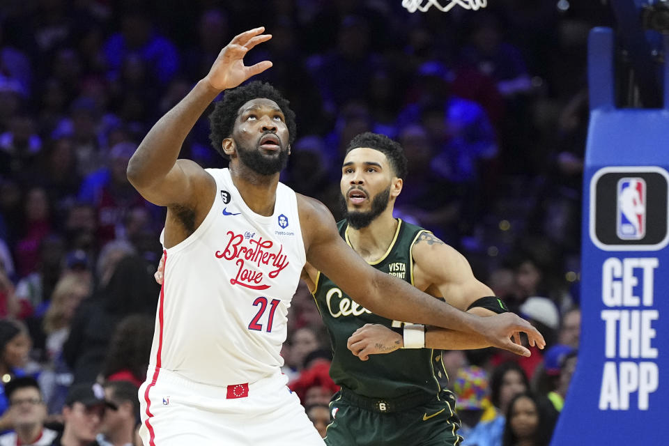 Philadelphia's Joel Embiid and Boston's Jayson Tatum will pose matchup problems in their 2023 NBA playoffs second-round series. (Mitchell Leff/Getty Images)