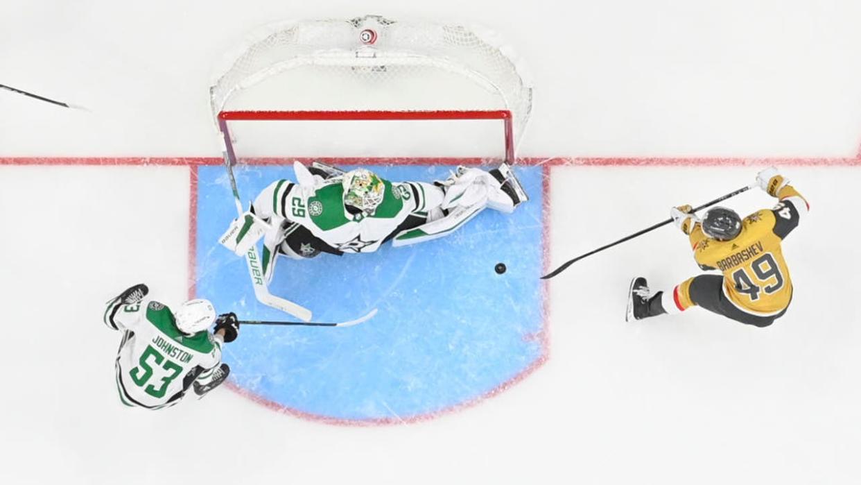 <div>LAS VEGAS, NEVADA - APRIL 29: Jake Oettinger #29 of the Dallas Stars makes a save against Ivan Barbashev #49 of the Vegas Golden Knights during the second period in Game Four of the First Round of the 2024 Stanley Cup Playoffs at T-Mobile Arena on April 29, 2024 in Las Vegas, Nevada. (Photo by David Becker/NHLI via Getty Images)</div>