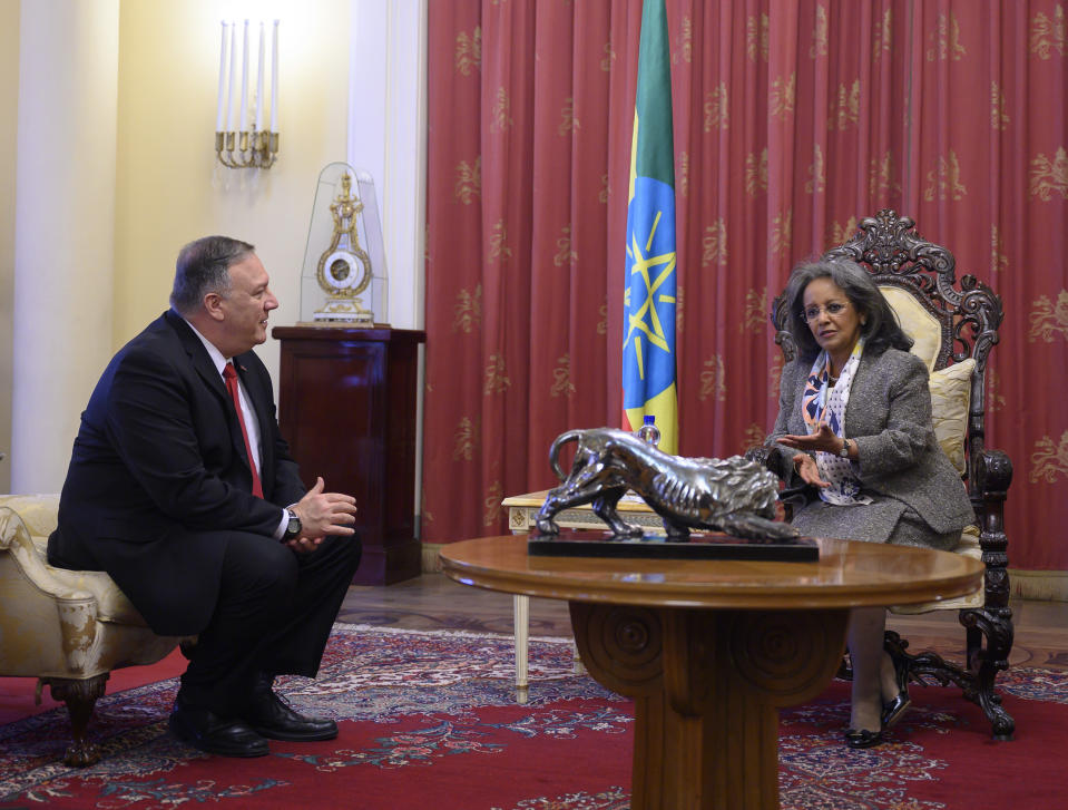 US Secretary of State Mike Pompeo, left, meets with Ethiopian President Sahle-Work Zewde at the Presidential Palace in Addis Ababa, Tuesday Feb. 18, 2020. Pompeo's visit to Africa is the first by a Cabinet official in 18 months. (Andrew Caballero-Reynolds/Pool via AP)