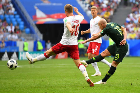 Soccer Football - World Cup - Group C - Denmark vs Australia - Samara Arena, Samara, Russia - June 21, 2018 Australia's Aaron Mooy shoots at goal REUTERS/Dylan Martinez