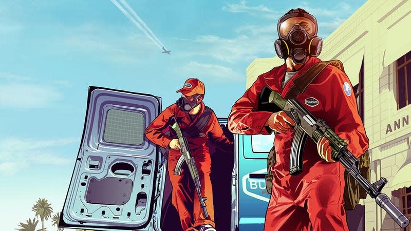 Two GTA V characters, both wielding guns, emerge from a van in orange jumpsuits.