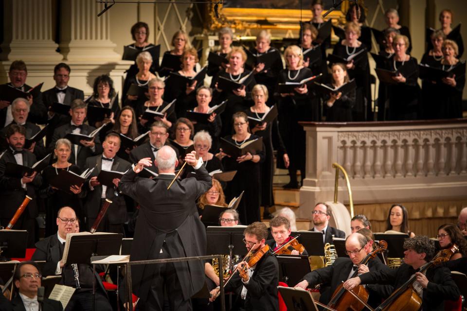 Chris Shepard, shown here conducting the Worcester Chorus in 2018 at Mechanics Hall, will be the Ruth Susan Westheimer artistic director of the Complete Bach Project under the auspices of Music Worcester.