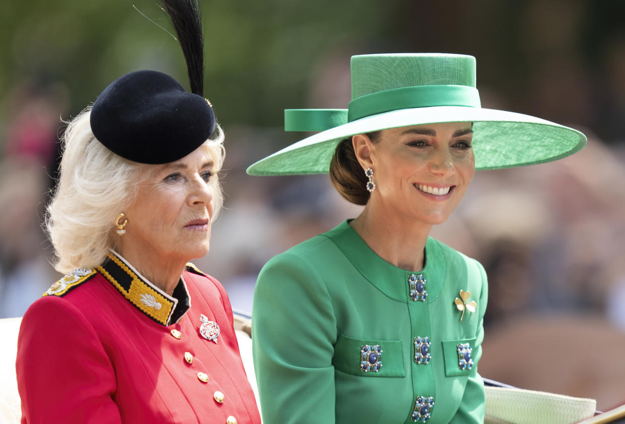 Queen Camilla and Catherine, Princess of Wales travel down The Mall in a horse-drawn carriage during Trooping the Colour. (Photo: Mark Cuthbert/UK Press via Getty Images)