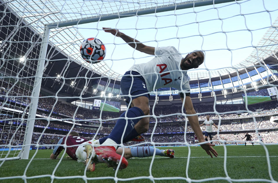 Tottenham Hotspur's Lucas Moura celebrates their side's second goal of the game against Aston Villa, during the English Premier League soccer match at the Tottenham Hotspur Stadium, London, Sunday, Oct. 3, 2021. (Nick Potts/PA via AP)