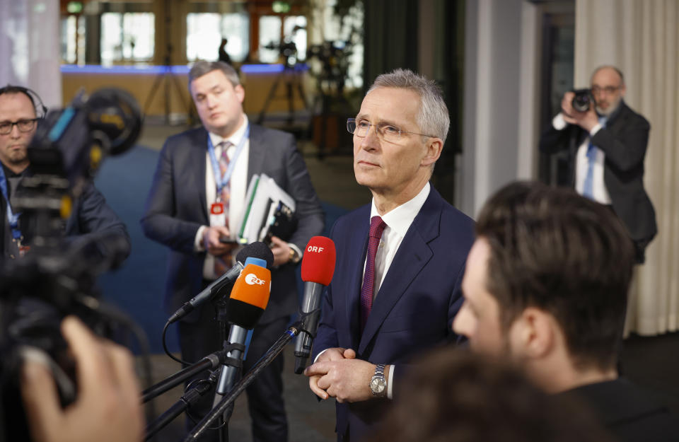 NATO Secretary General Jens Stoltenberg talks to journalists upon his arrival at the informal meeting of EU defence ministers, outside Stockholm, Sweden Wednesday March 8, 2023. (Christine Olsson/via AP)