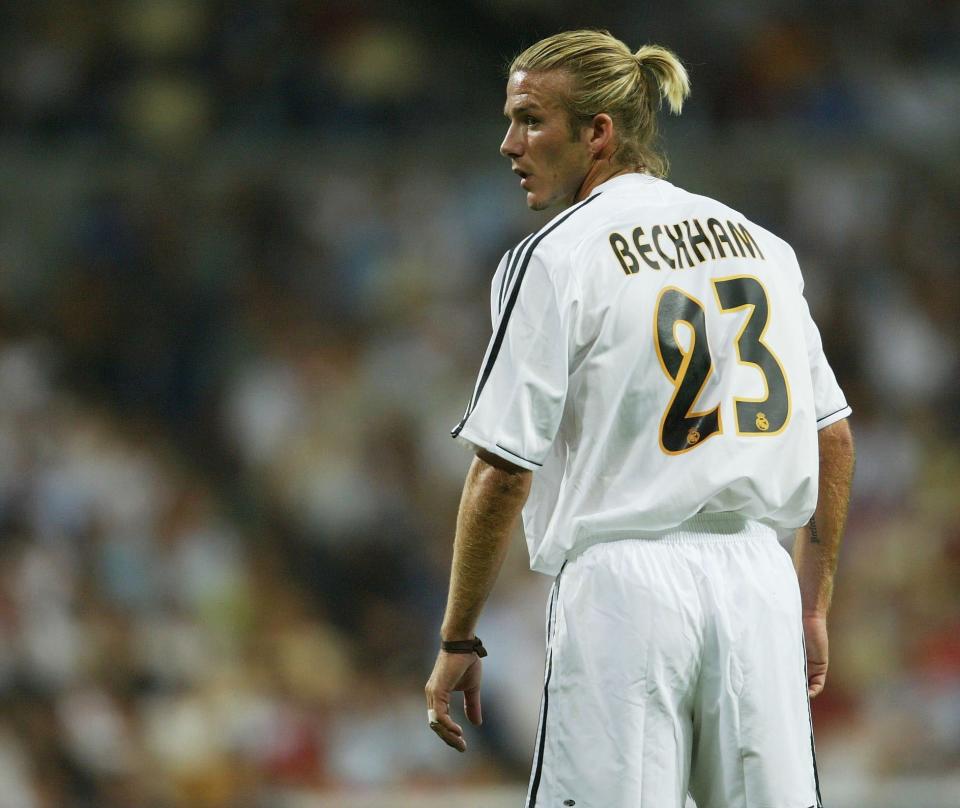 Beckham showcasing one of his many hairstyles while playing for Madrid in 2003