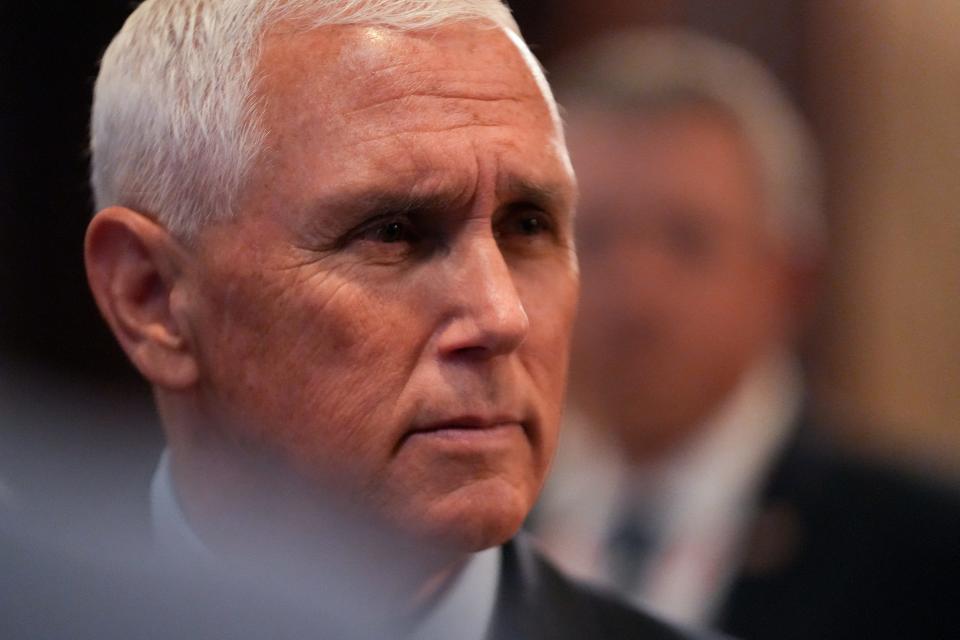 Former Vice President Mike Pence speaks to a crowd during the North Carolina Republican Party Convention at Koury Convention Center Saturday.