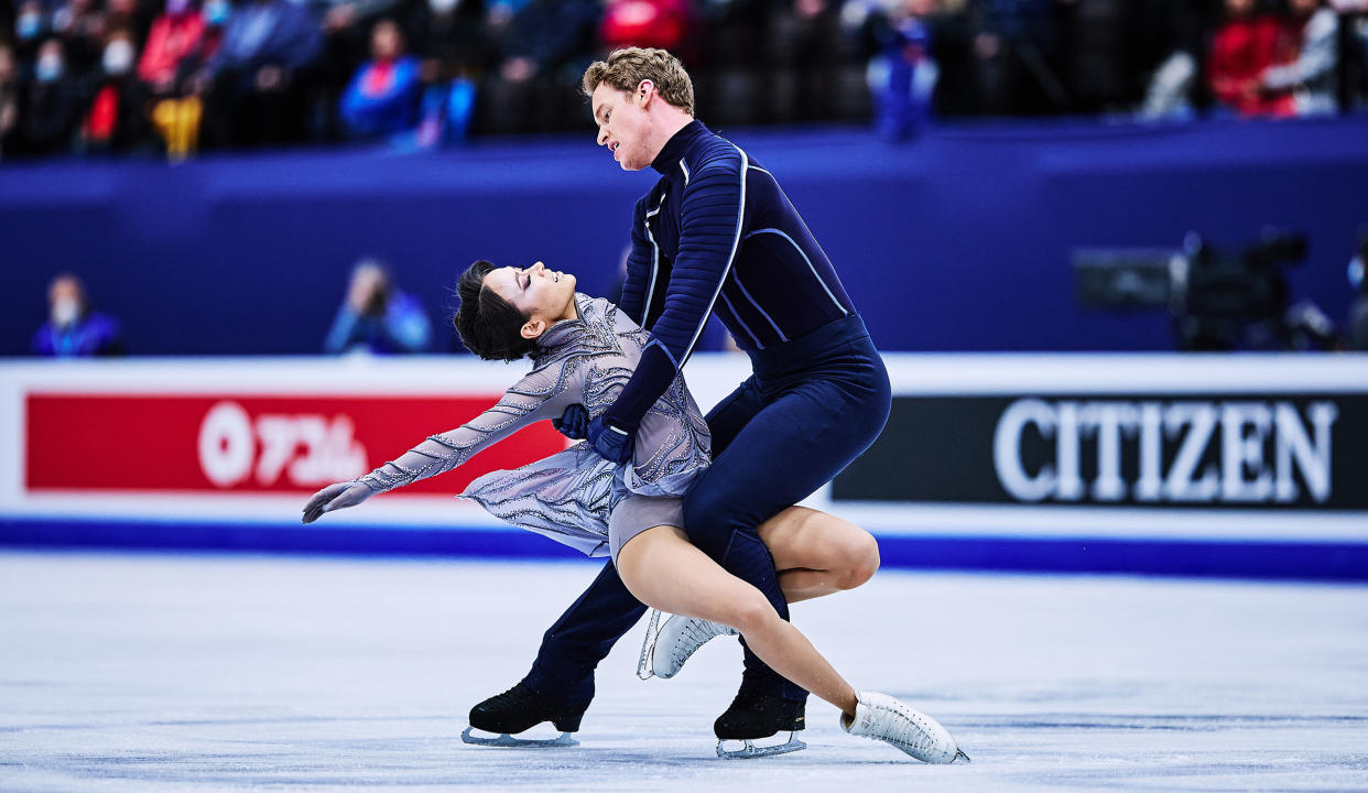 Madison Chock and Evan Bates competing at the ISU World Figure Skating Championships in Montpellier, France, in March. (Joosep Martinson / International Skating Union / Getty Images)