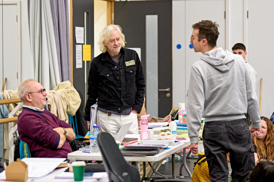 From left: John O’Farrell, Bob Geldof and Luke Sheppard at ‘Just For One Day’ rehearsals (Manuel Harlan)
