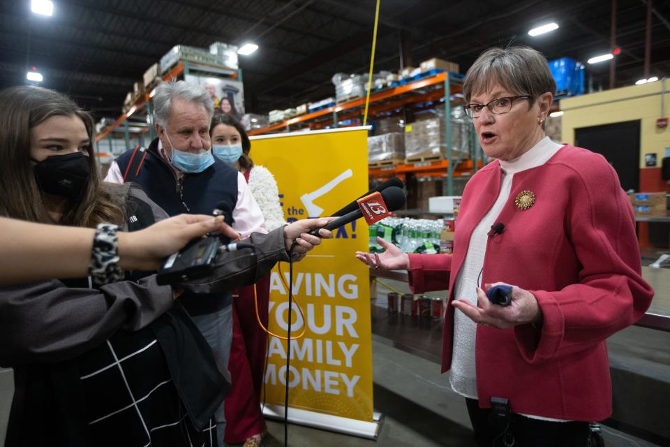 Gov. Laura Kelly answers questions Thursday about her "Axe the Food Tax" bill, which has four competing bills in the Legislature.