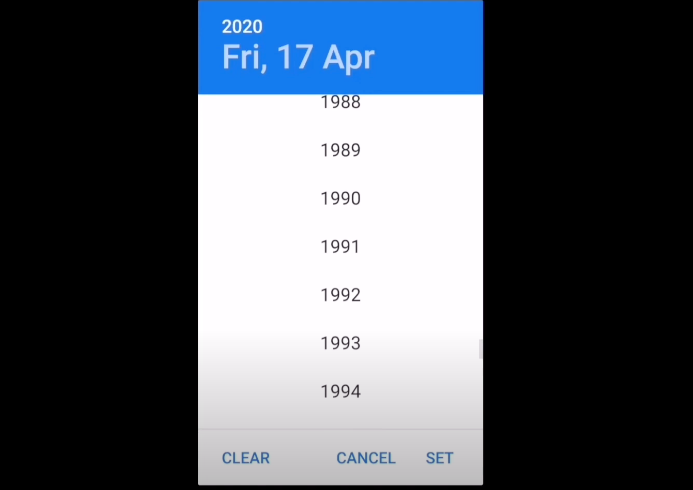 Date picker interface showing Friday, April 17, 2020, with years from 1988 to 1994 listed. Options at the bottom: Clear, Cancel, Set