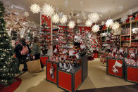 In this Tuesday, Nov. 5, 2019, photo shoppers browse the Holiday Lane section at the Macy's flagship store, in New York. With three weeks until the official start of the holiday shopping season, the nation’s retailers are gearing up for what will be another competitive shopping period. (AP Photo/Richard Drew)