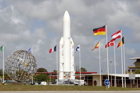 FILE PHOTO: A replica of the rocket Ariane 5 is seen at the entrance of the Guiana Space Centre in Kourou, French Guiana, October 17, 2011. REUTERS/Benoit Tessier