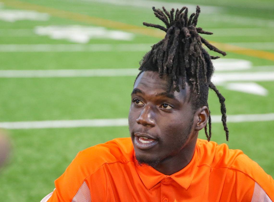 Miami Hurricanes safety James Williams (0) speaks to reporters during Media Day in the Carol Soffer Indoor Practice Facility at the University of Miami on Tuesday, August 2, 2022.
