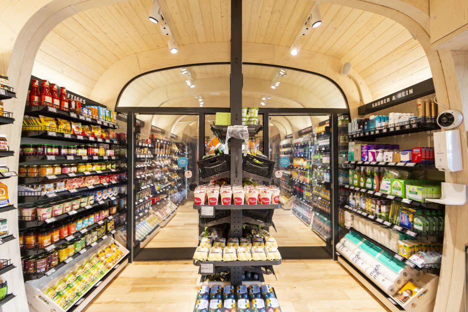 a line of household products in a shop