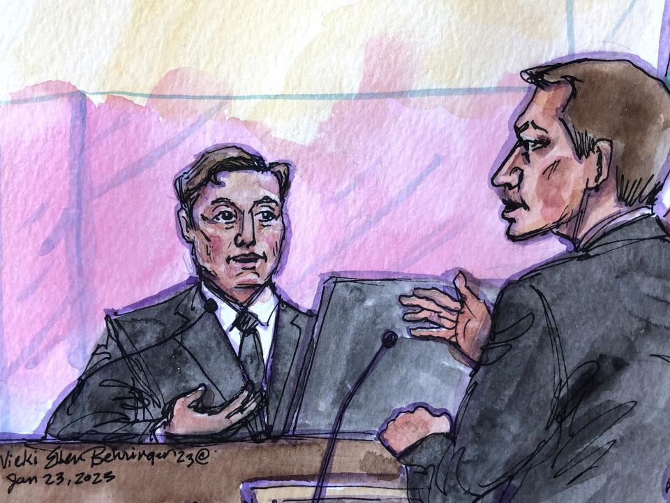 Sketch of Tesla CEO Elon Musk being questioned by his attorney Alex Spiro during a securities-fraud trial at federal court in San Francisco, California, on January 23, 2023.