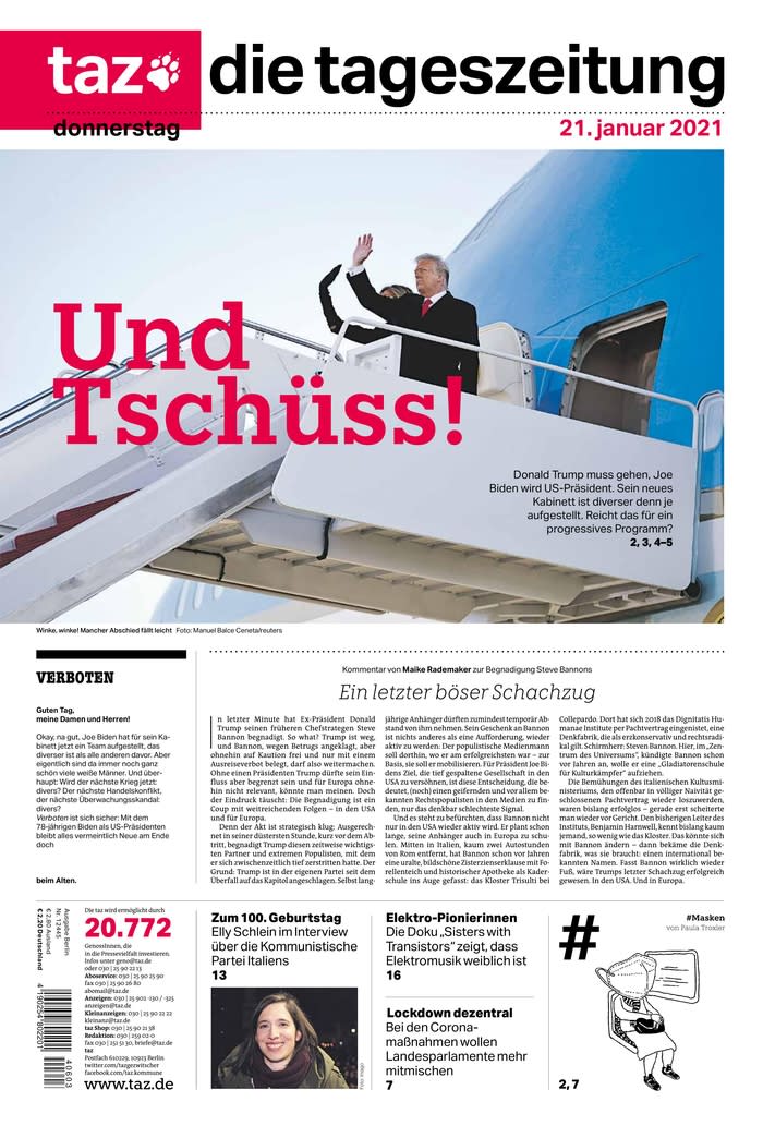 January 21, 2021 front page of Taz - die tageszeitung
