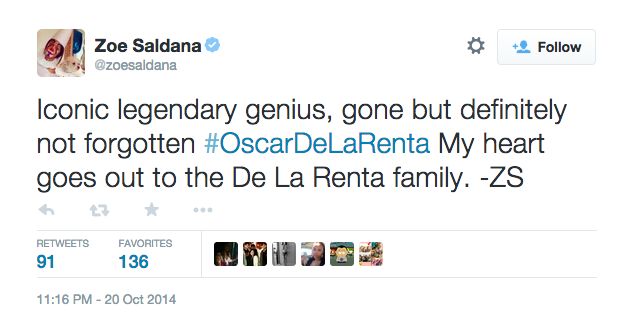 “Iconic legendary genius, gone but definitely not forgotten #OscarDeLaRenta My heart goes out to the De La Renta family.”