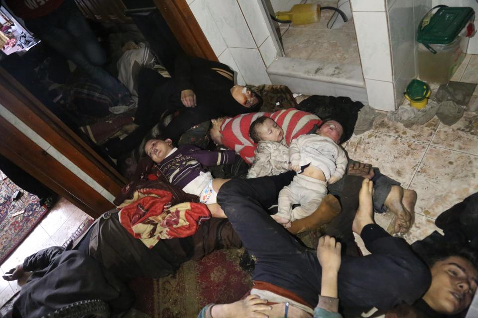 <p>Dead bodies of Syrian kids are seen after Assad regime forces allegedly conducted poisonous gas attack to Douma town of Eastern Ghouta in Damascus, Syria on April 8, 2018. (Photo: Halil el-Abdullah/Anadolu Agency/Getty Images) </p>