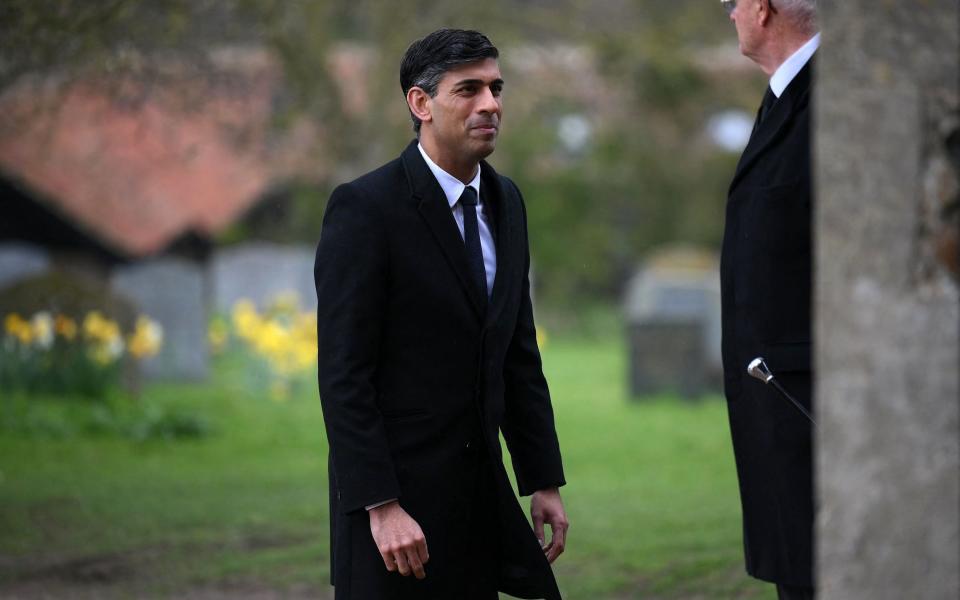 Rishi Sunak arrives to attend the funeral of former Speaker of the House of Commons, Betty Boothroyd, at St George's Church in Thriplow near Cambridge - Daniel Leal/AFP