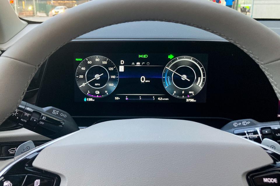 The driver-facing screen in the Kia Niro EV electric SUV, showing a speedometer and other gauges.