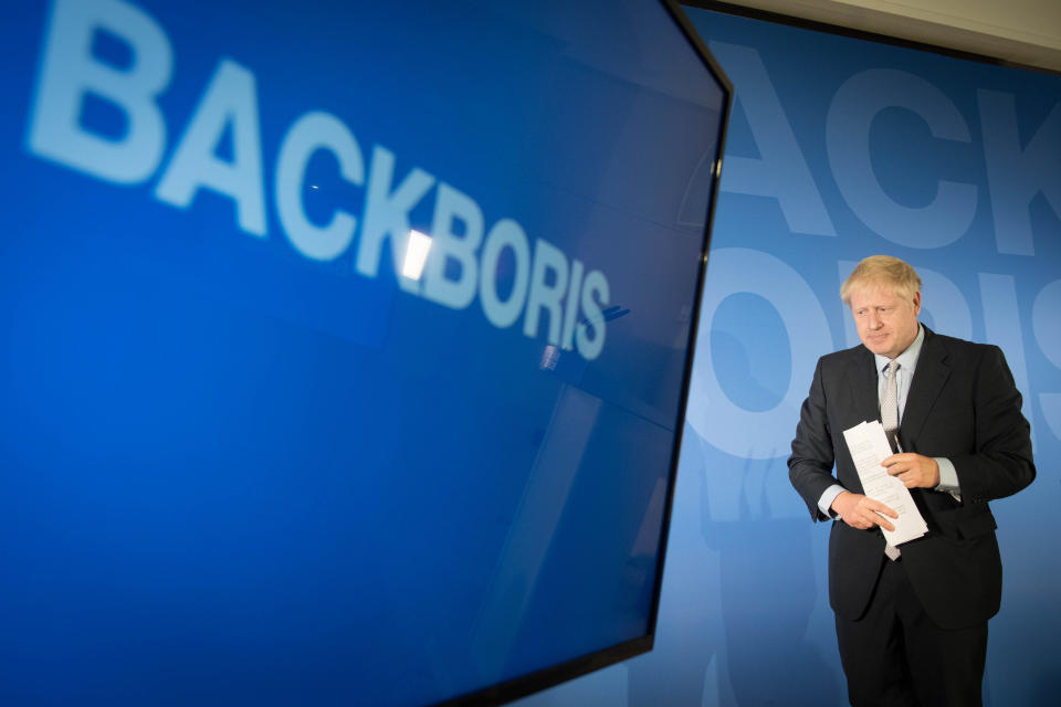 RETRANSMITTED AMENDING LOCATION Boris Johnson during the launch of his campaign to become leader of the Conservative and Unionist Party and Prime Minister at the Royal Academy of Engineering in central London. (Photo by Stefan Rousseau/PA Images via Getty Images)