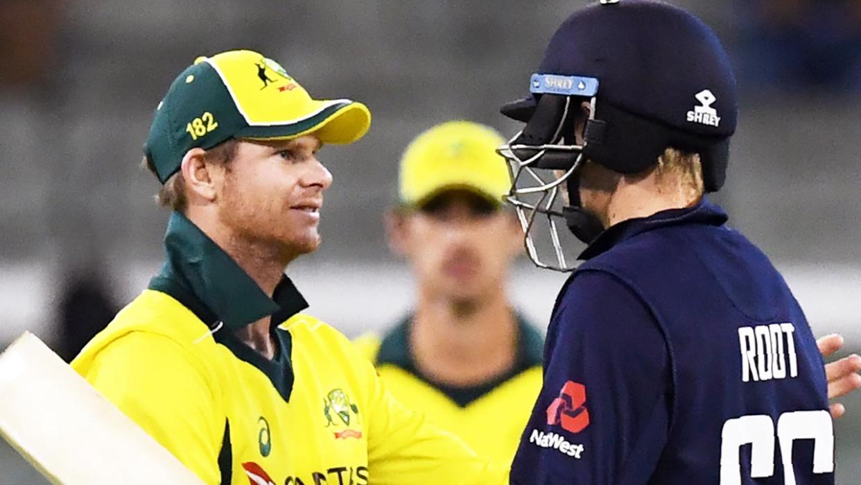 England batsman Joe Root (pictured right) shakes hands with Australia's captain Steve Smith (pictured left).