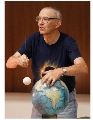 FILE - Maurice Snook talks about solar eclipses at the Oconee County Library in July 2017.