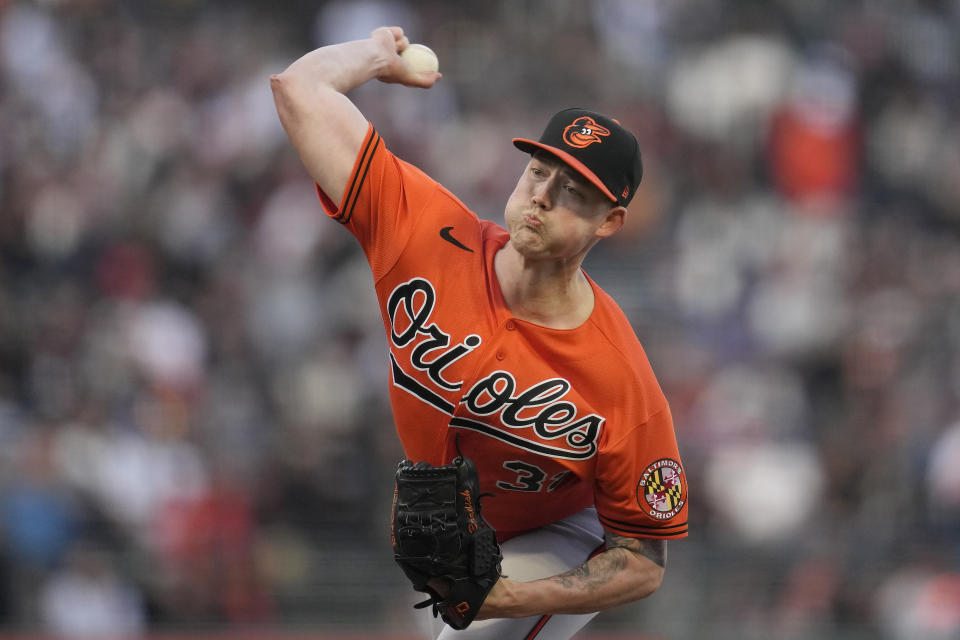 Baltimore Orioles pitcher Kyle Bradish works against the San Francisco Giants during the first inning of a baseball game in San Francisco, Saturday, June 3, 2023. (AP Photo/Jeff Chiu)