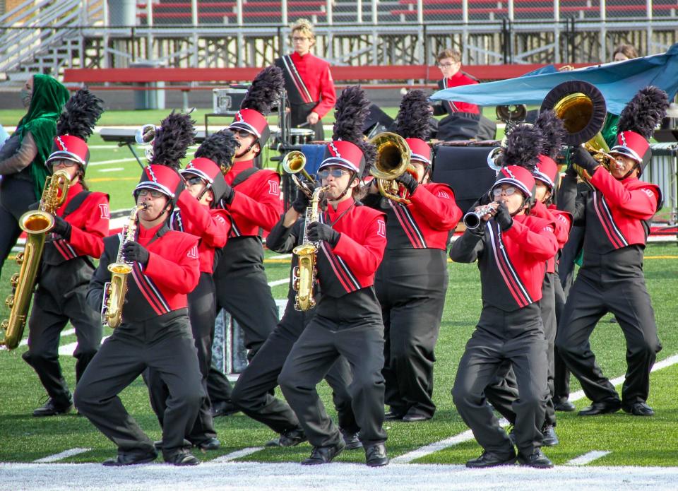 The B.M.C. Durfee High School marching band performs its act during the US Bands competition in Fall River on Sunday, Oct. 22, 2023.