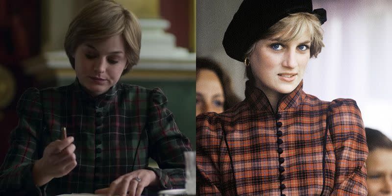 <p>In season 4, we see Princess Diana in a button-down high neck tartan dress, while attending princess lessons with her grandmother. The ensemble wasn't far off from what Diana wore in real life shortly after her wedding at the Braemar Games in Scotland.</p>