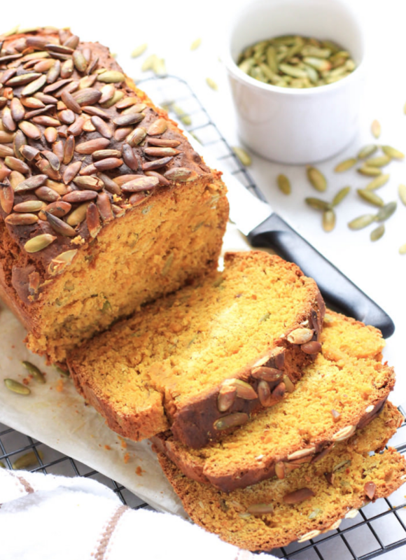 <p>Dish by Dish</p><p>This super moist pumpkin bread is fragrant, tasty and topped with toasted pumpkin seeds for a crunchy bite. Gluten-free and dairy-free. </p><p><strong>Get the recipe: <em><a href="https://www.dishbydish.net/super-moist-gluten-free-pumpkin-bread/" rel="nofollow noopener" target="_blank" data-ylk="slk:Super Moist Pumpkin Bread (Gluten-Free, Dairy-Free);elm:context_link;itc:0;sec:content-canvas" class="link rapid-noclick-resp">Super Moist Pumpkin Bread (Gluten-Free, Dairy-Free)</a></em></strong></p>