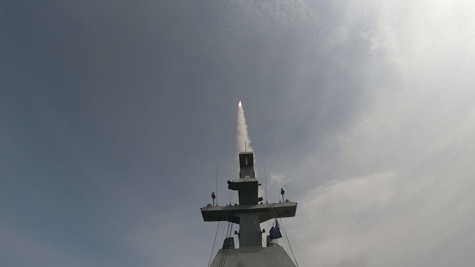 A missile is launched from the Sa'ar 6-class corvette