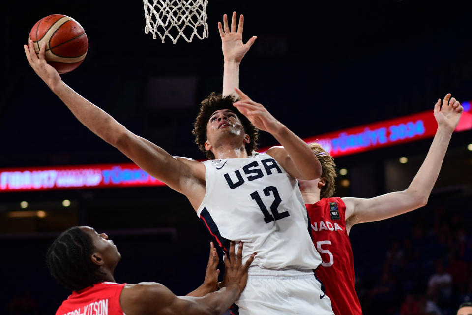 Cameron Boozer, #12 of the United States of America (USA) in action during the FIBA U17 Basketball World Cup - Turkiye 2024 Quarter-final match between the United States of America (USA) and Canada at Sinan Erdem Dome in Istanbul, Turkey on July 5, 2024. (Photo by Altan Gocher / Hans Lucas / Hans Lucas via AFP) (Photo by ALTAN GOCHER/Hans Lucas/AFP via Getty Images)