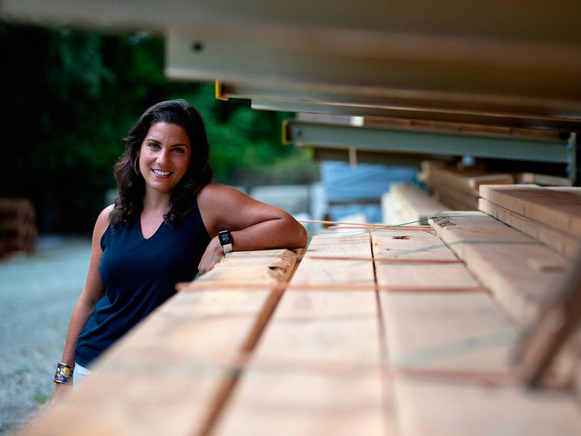 Nora El-Khouri Spencer, founder and CEO of Hope Renovations, is photographed outside of the organization’s workshop and training facility in Carrboro, N.C. on Thursday, July 28, 2022.