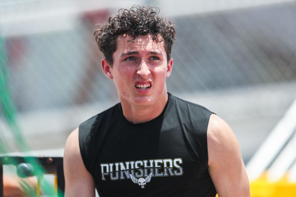Flour Bluff's Zach Dewalt looks to the scoreboard after competing in a 100 yard preliminary sprint at the Games of Texas track and field competition at Cabaniss Athletic Complex in Corpus Christi, Texas on Saturday, July 23, 2022.