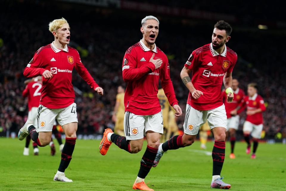 Manchester United’s Antony (centre) celebrates his goal (PA) (PA Wire)