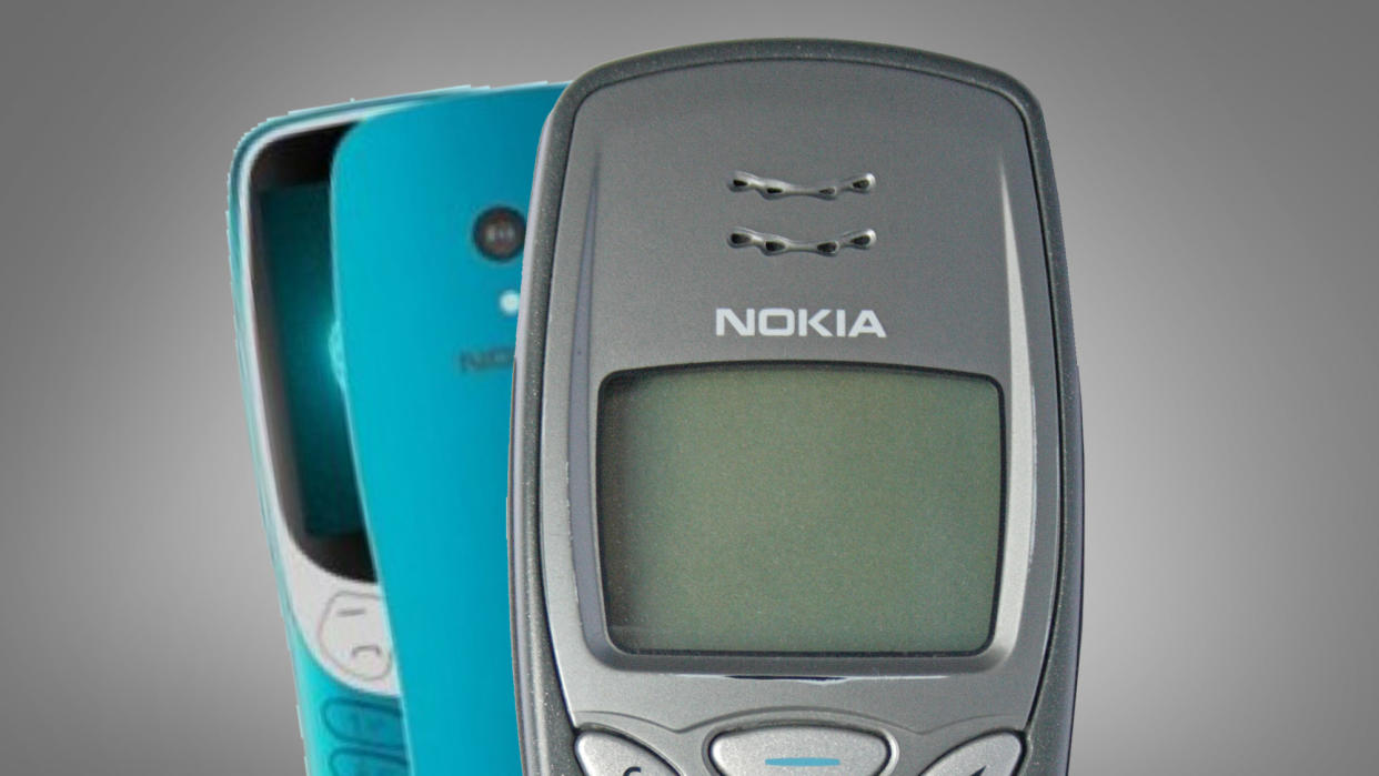  A Nokia 3210 phone on a grey background next to a remake from HMD. 