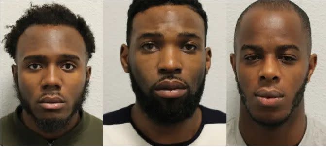 Left to right: Michael Mgbedike, Kennedy Udo and Emmanuel Okubote who have been jailed for importing drugs and guns through the Channel Tunnel. (Met Police).