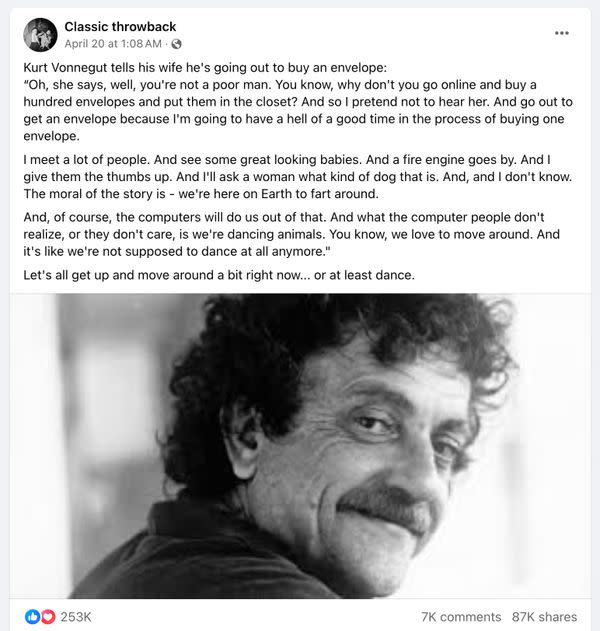 A quote from Kurt Vonnegut tells a story about buying one envelope at a time and says human beings are dancing animals.