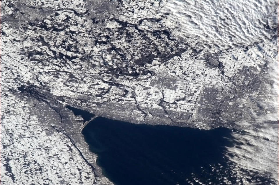 The Golden Horseshoe snowily wrapping the end of Lake Ontario on the 2nd of January