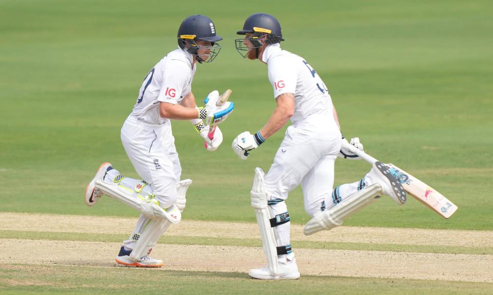 <span>England's captain Ben Stokes (right) and Ollie Pope run between the wickets in Hyderabad. Pope is an increasingly important figure as vice-captain.</span><span>Photograph: Mahesh Kumar A/AP</span>