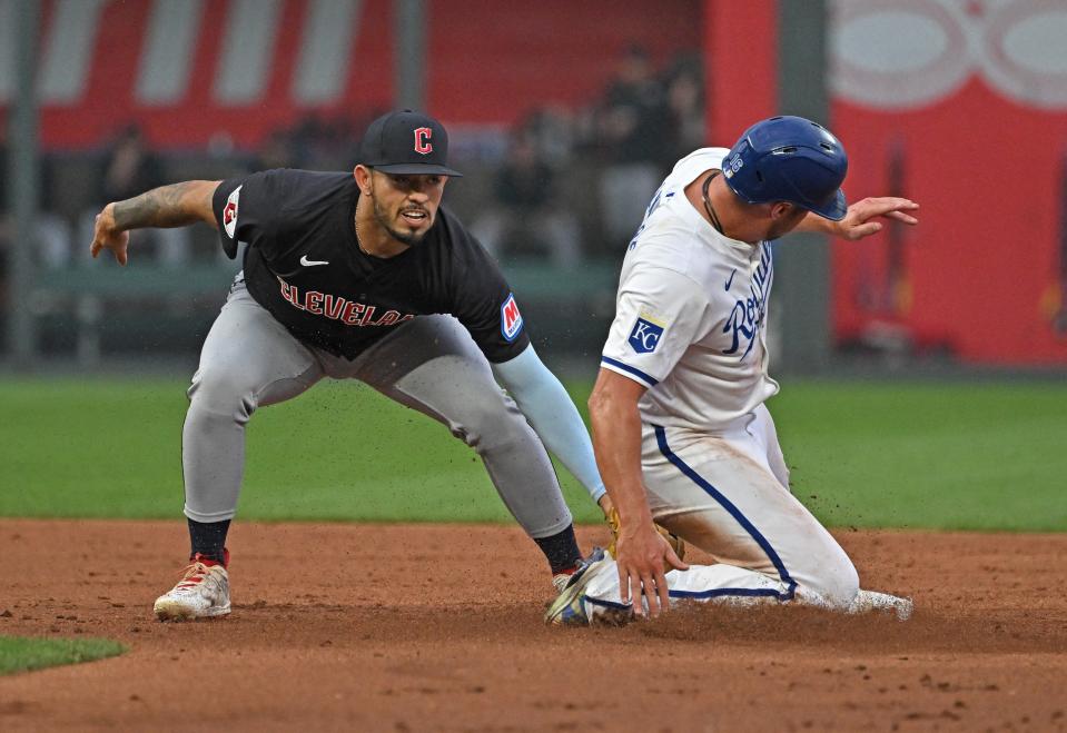 Guardians shortstop Gabriel Arias tags out Hunter Renfroe of the Royals at second base in the third inning, June 27, 2024, in Kansas City, Missouri.