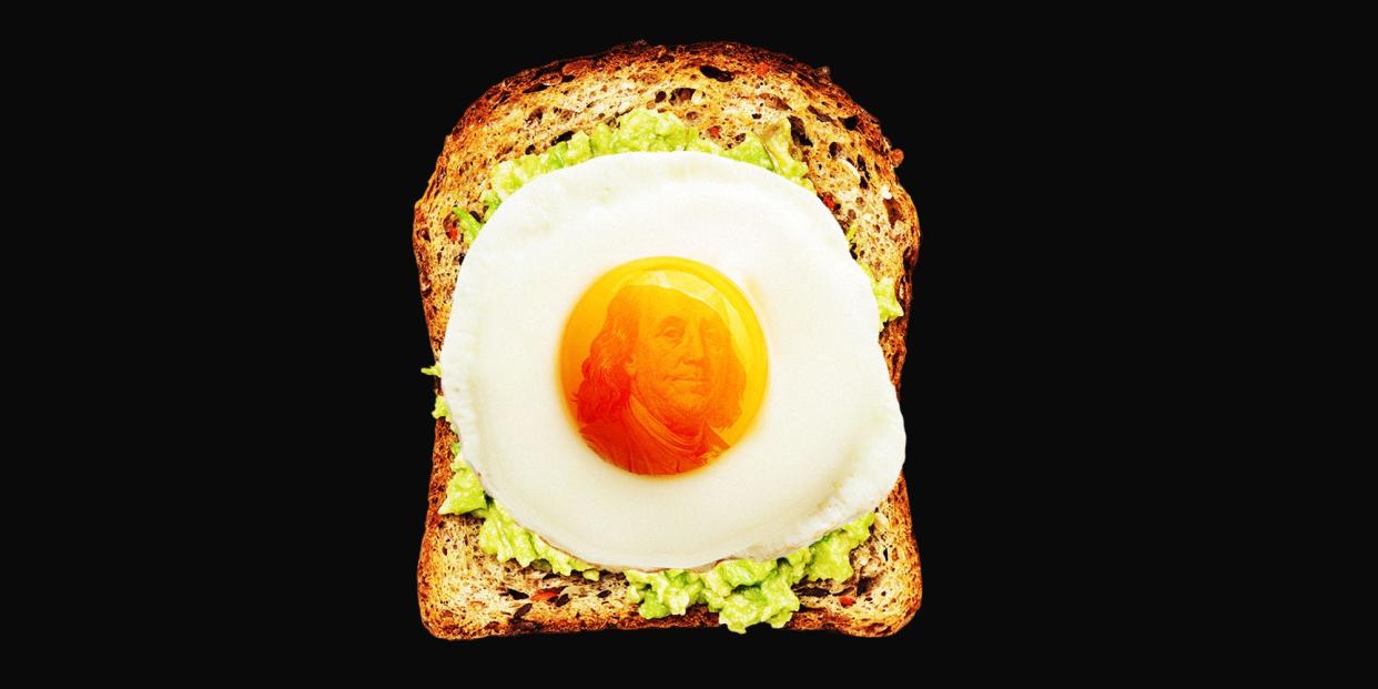 A piece of avocado toast with Ben franklin in the yolk