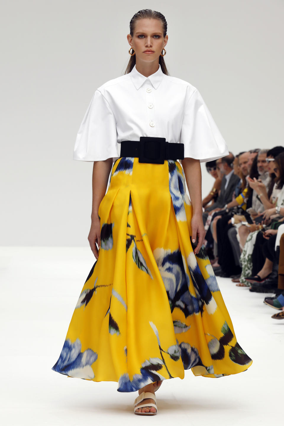 The Carolina Herrera collection is modeled during Fashion Week, in New York, Monday, Sept. 9, 2019. (AP Photo/Richard Drew)