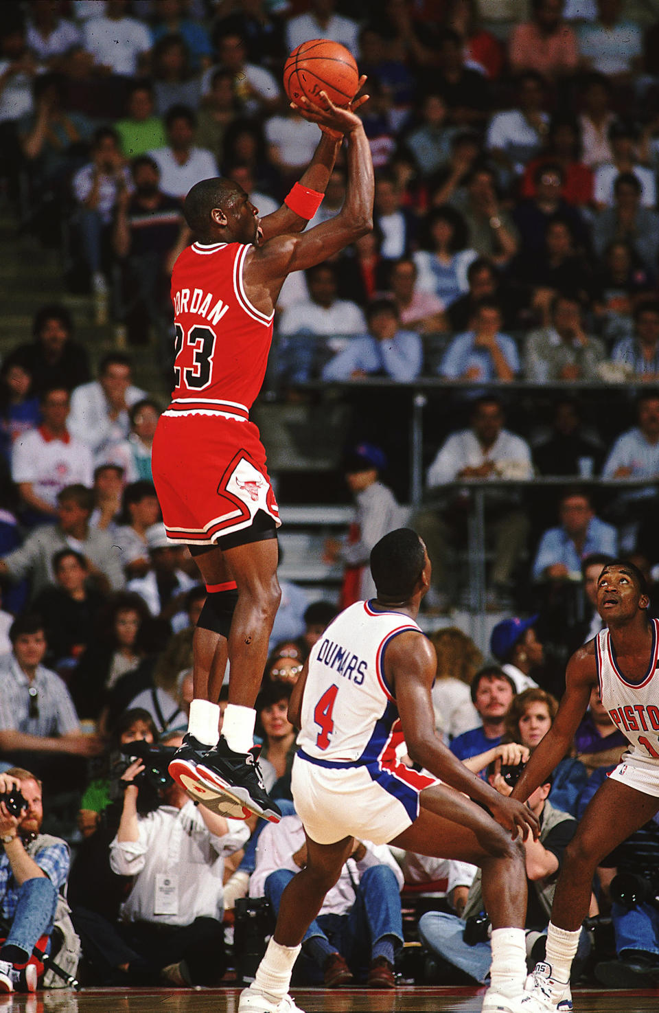 In 1987-88 Michael Jordan won the both the MVP and Defensive Player of the Year awards after averaging 35 points and 3.2 steals per game, both league bests. He also shot over 53% from the field. The Bulls, though, fell to the Detroit Pistons in the second round of the playoffs. (Getty Images)