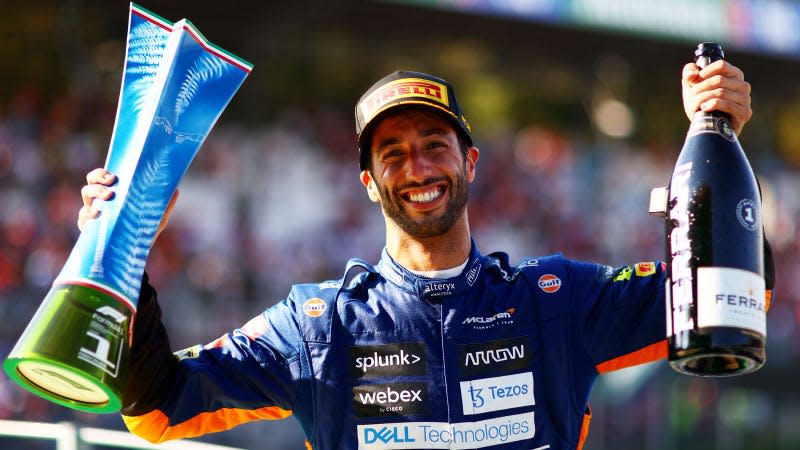 A photo of Daniel Ricciardo after winning the grand prix at Monza, Italy. 