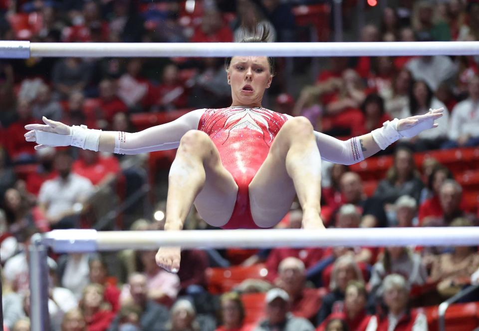 Utah Red Rocks gymnast Maile O’Keefe competes on the bars against ASU in Salt Lake City on Friday, Jan. 26, 2024. | Jeffrey D. Allred, Deseret News