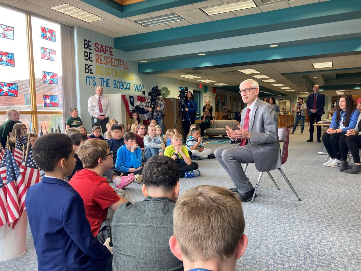 Gov. Tony Evers watched students at Janet Berry Elementary School perform the Preamble to the U.S. Constitution as part of their 'reading theatre' program. Evers was there to talk about mental health and the importance of education.