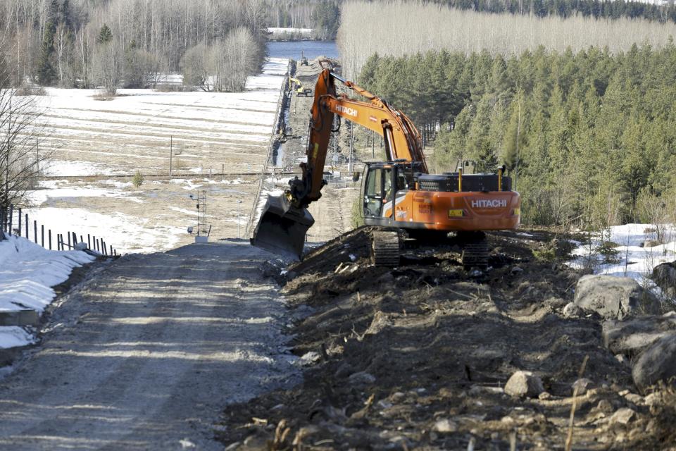 The construction site of the Finland-Russia eastern border barrier fence near Pelkola crossing point in Imatra, south-eastern Finland, Friday April 14, 2023. In Pelkola the construction of a pilot fence of approximately three kilometres has started on both sides of the Imatra border crossing point. Finland’s 1,340 kilometer (832 mile) border with Russia is the longest of any European Union member. (Roni Rekomaa/Lehtikuva via AP)